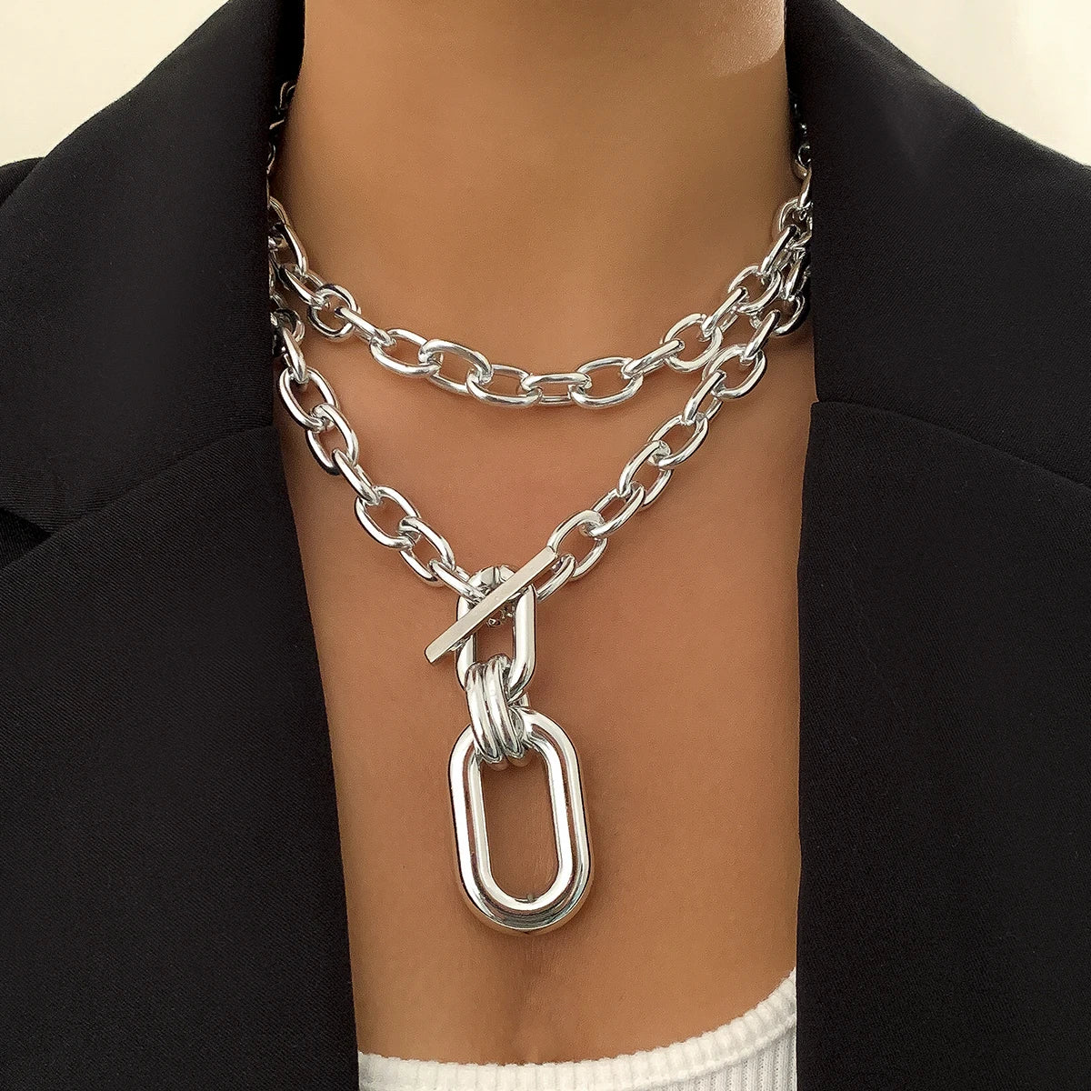 Hiphop Layered Chain with Big Pendant Necklace for Women Fashion Thick Chain Necklace on the Neck Jewelry - Uknowucme