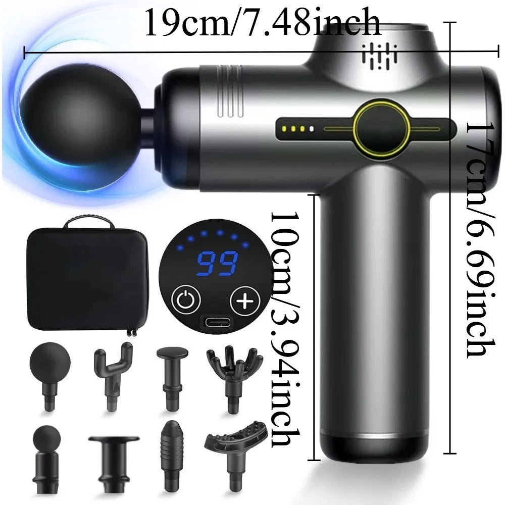 Rechargeable Massage Gun with 99 Adjustable Speeds, 8 Interchangeable Massage Heads, Handheld Massager for Muscle Pain Relief - Uknowucme