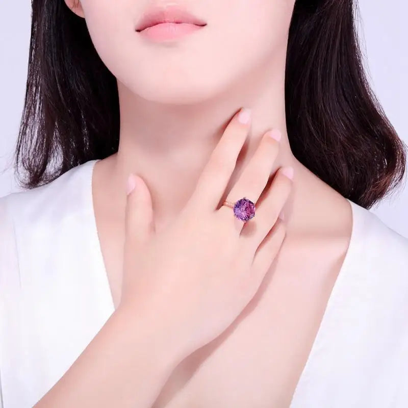 HOYON 18K Rose Gold Colorful Brazilian Natural amethyst Ring Six claw Temperament Colorful Gem Diamond Style Ring Opening Ring - Uknowucme