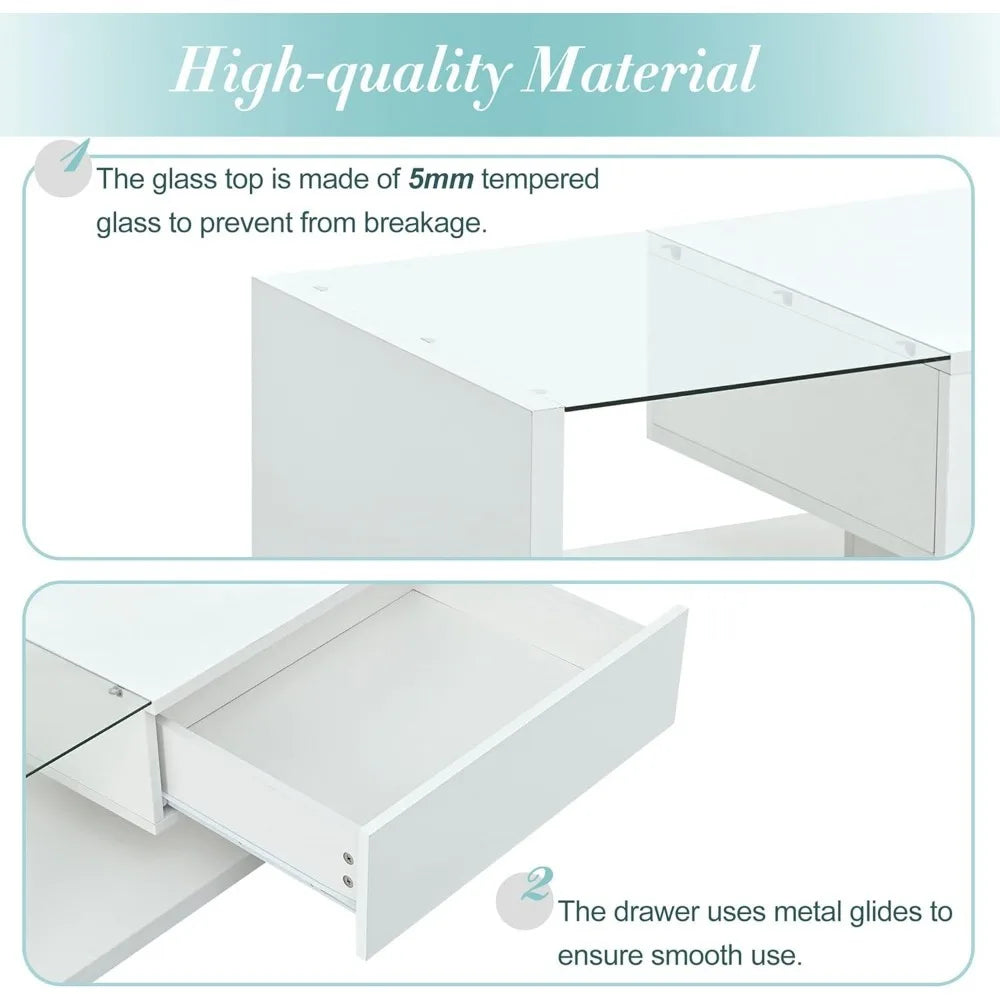 Coffee Table with Tempered Glass, Cocktail Table with High-Gloss UV Surface, Modernist 2-Tier Center Table for Living Room - Uknowucme
