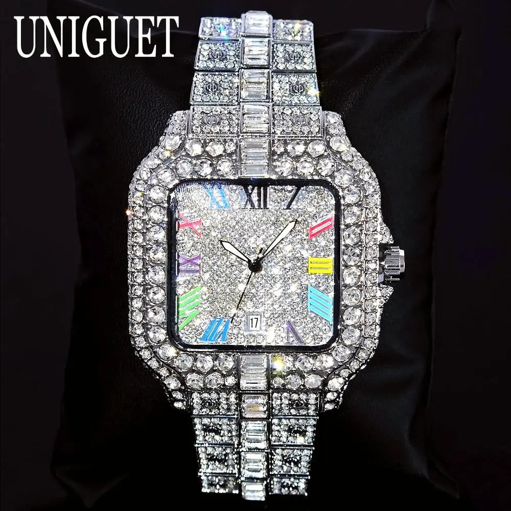 UNIGUET Luxury Iced Quartz Watch for Men Fashion Color Roman Square Watches Man Hip Hop Diamond AAA Jewelry Wristwatch Reloj Hot - Uknowucme