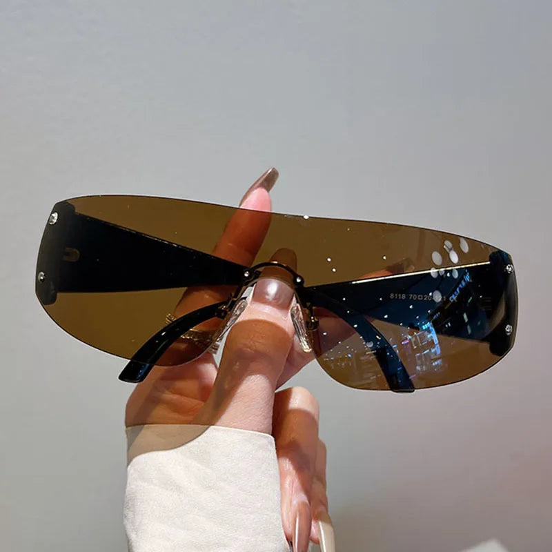 Y2K Rimless Brand Designer Sunglasses Women For Men 2023 One Piece Trending Luxury Sun Glasses Rivet Steampunk Pink Shades UV400 - Uknowucme