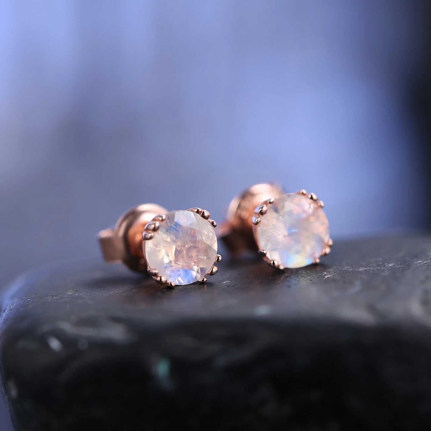GEM'S BALLET June Birthstone 6mm Milky Blue Moonstone Classic Studs Earrings in 925 Sterling Silver Women Rose Gold Earrings - Uknowucme