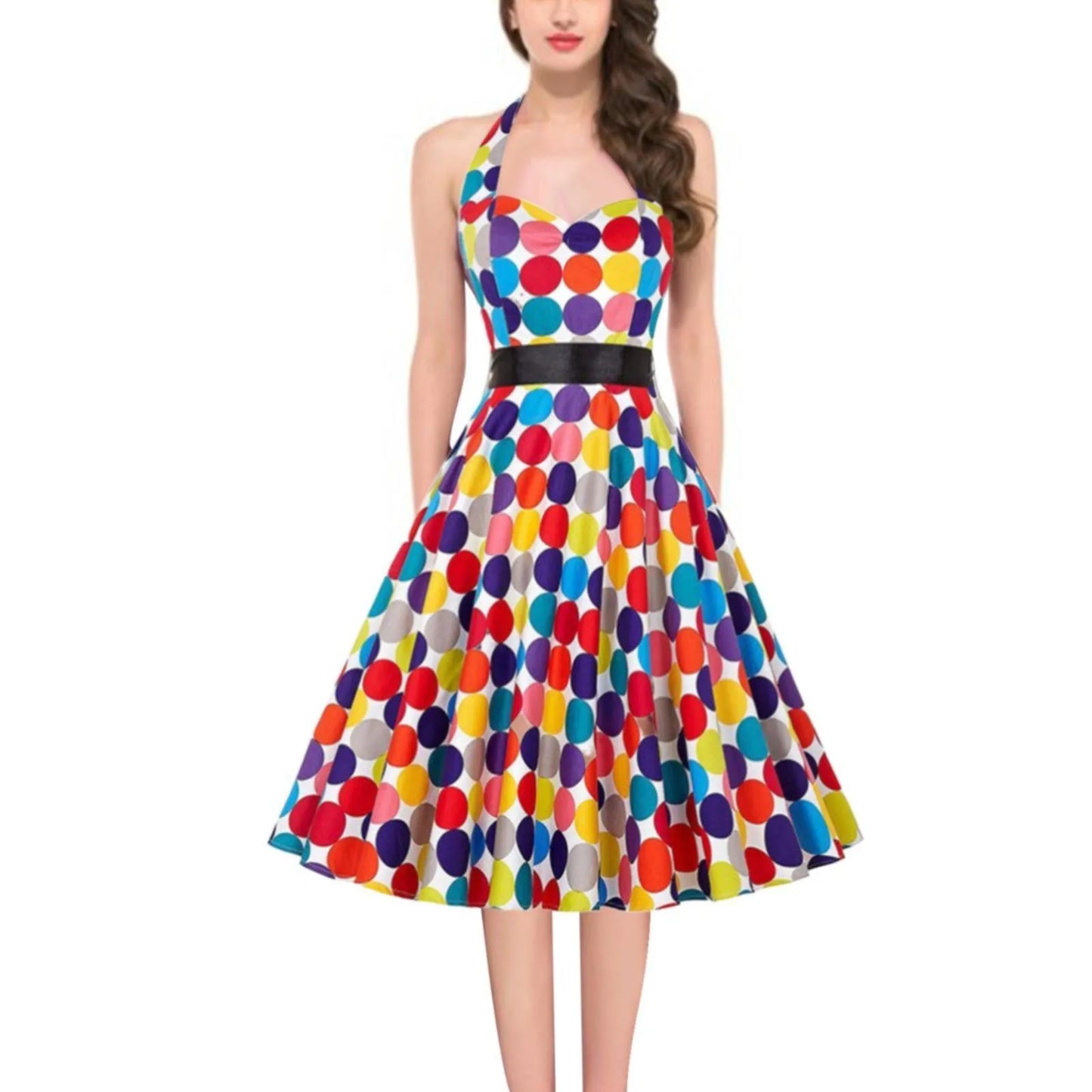 Vintage Polka Dot A-Line Dress Summer Women Sexy Halter Backless Low Cut Party Dress 50s 60s Retro Pin Up Rockabilly Swing Dress - Uknowucme