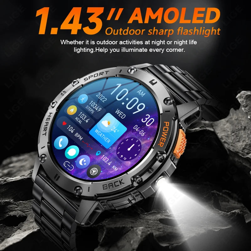 For Android ios New AMOLED Smart Watch Men with Flashlight Sports Waterproof Fitness Tracker Bluetooth Call Smartwatch Man+Box - Uknowucme