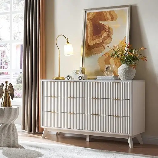 Fluted 6 Drawers Dresser, 54" Wide Modern Chest of Drawers with Faux Marble Top, Curved Profile Design - Uknowucme