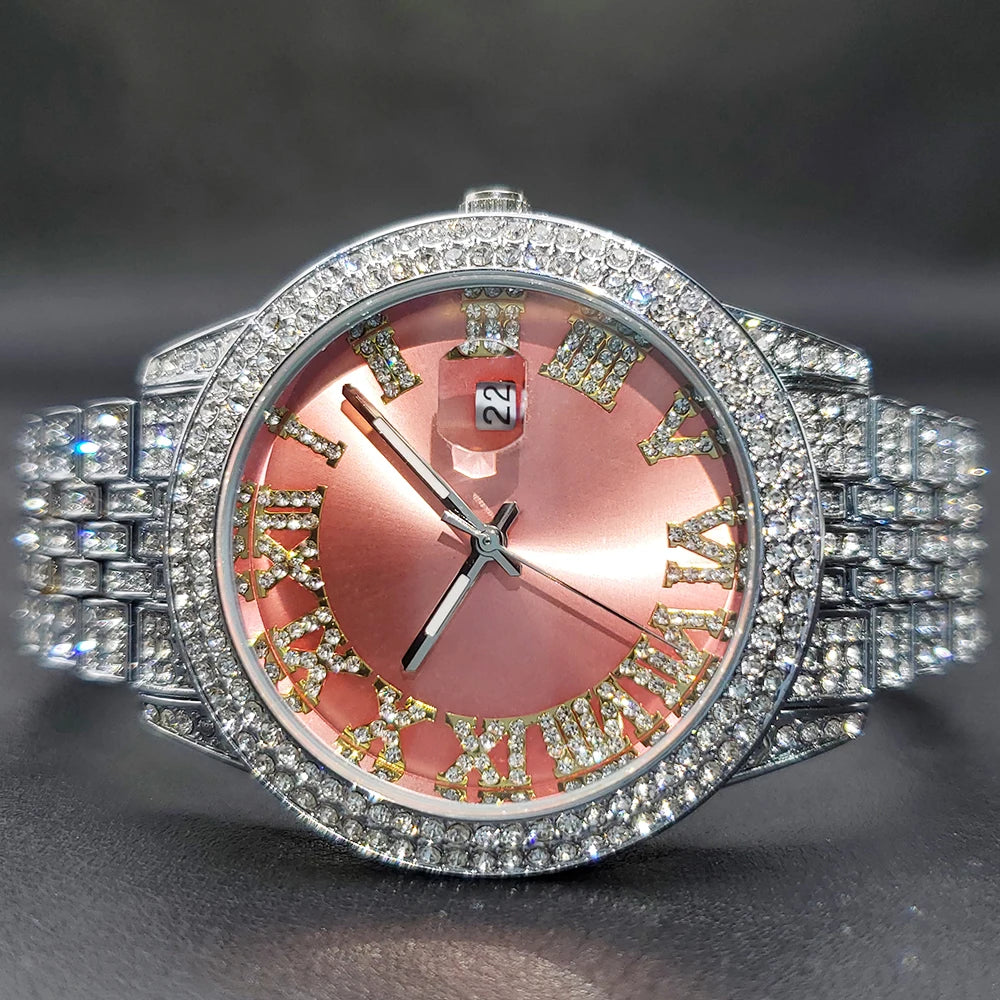Pink Watches For Women Fashion Elegant Colored Red Green Roman Dial Iced Out Wristwatches Diamond Quartz Calendar Watch For Lady - Uknowucme