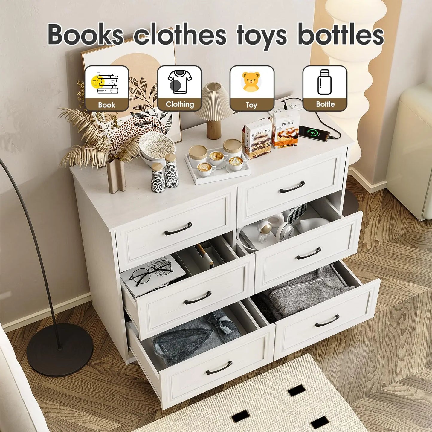 Vabches 6 Drawer Dresser for Bedroom Wood Chest of Drawers with Power Strip Tall Dresser Organizer with Metal Handle for Hallway - Uknowucme