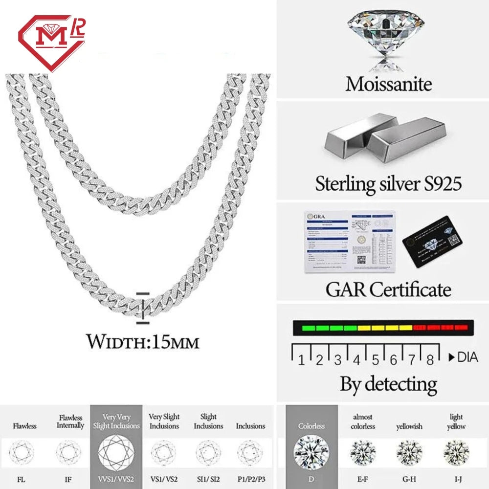 Classic Iced Out Cuban Link Chain 15mm Hiphop 925 Sterling Silver Vvs Moissanite Cuban Link Chain - Uknowucme