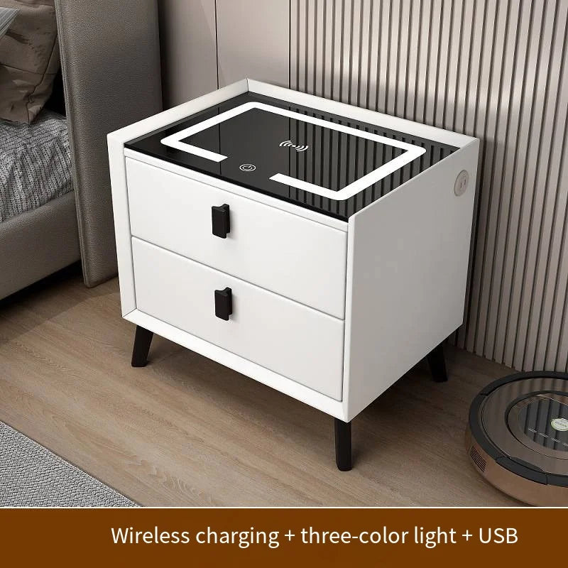 Luxurious Solid Wood Nightstand Three-Drawer Smart Bedside Table Compact Bedroom Leather Accents Integrated Wireless Charging