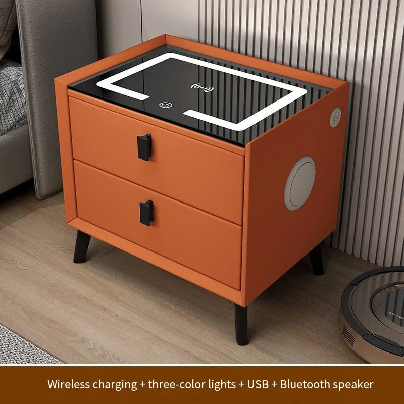 Luxurious Solid Wood Nightstand Three-Drawer Smart Bedside Table Compact Bedroom Leather Accents Integrated Wireless Charging