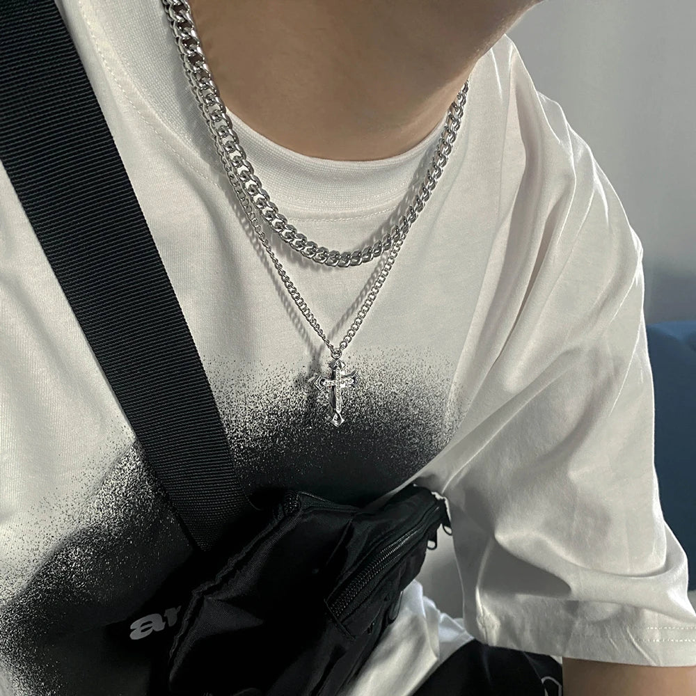 Stainless Steel Double Layer Cuban Chain Cross Pendant Necklace Men Silver Color Punk Hip hop Male Necklace Jewelry 2022 Trend - Uknowucme