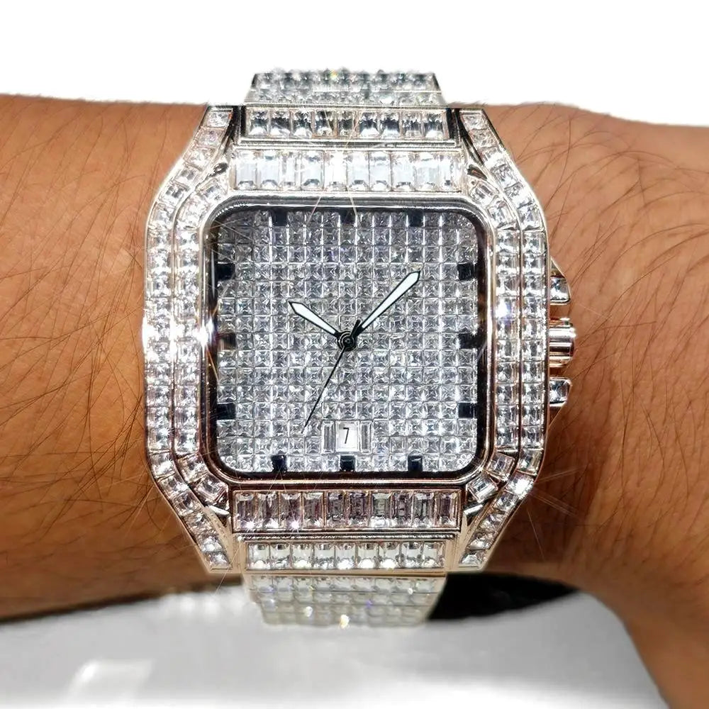 Hot Luxury Square Diamond Watch for Men Hip Hop Style Bling Bling Iced Out Wristwatch Fashion Stainless Steel Waterproof Clock - Uknowucme