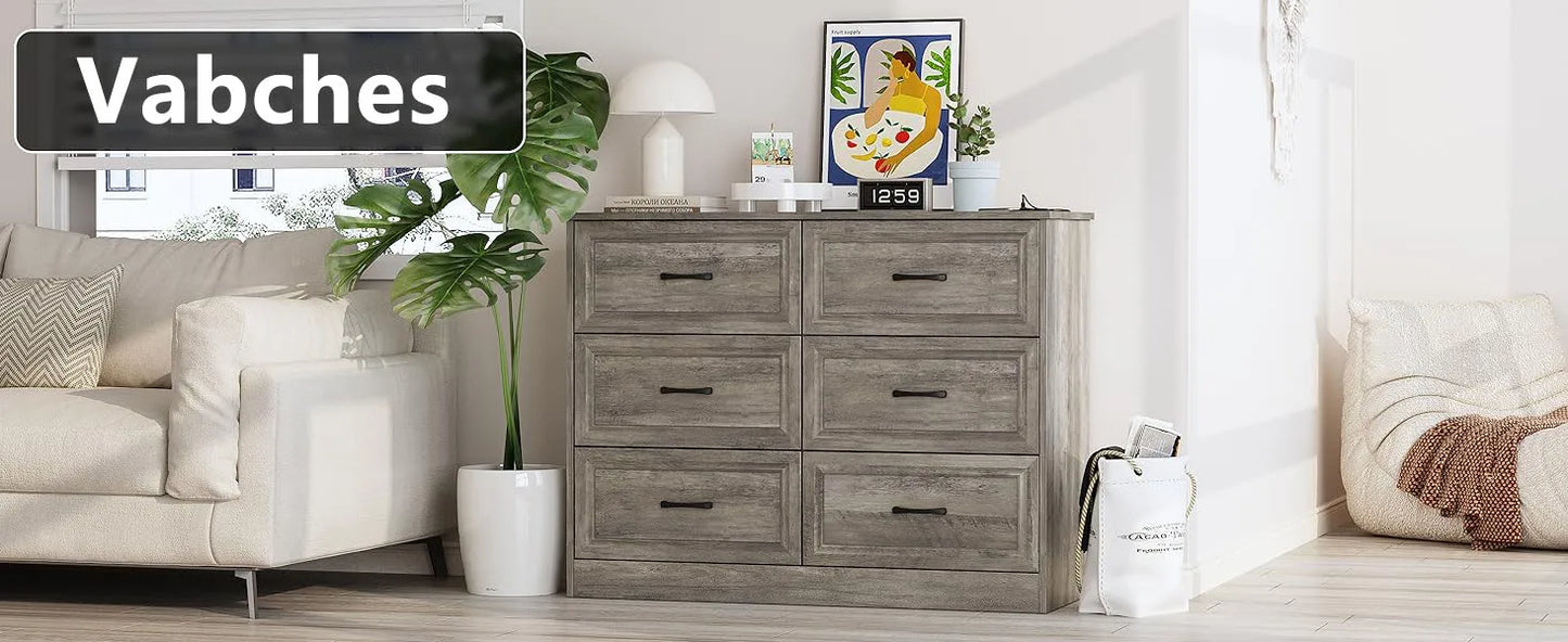 Vabches 6 Drawer Dresser for Bedroom Wood Chest of Drawers with Power Strip Tall Dresser Organizer with Metal Handle for Hallway - Uknowucme