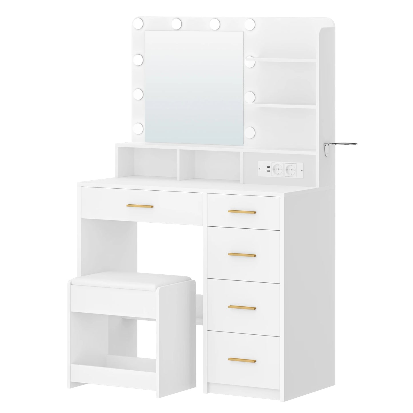Dressing Table with 10 LED Light Balls, 3 Colors, Dressing Table with Plug and Large Mirror, Stool and Hairdryer Holder, White - Uknowucme