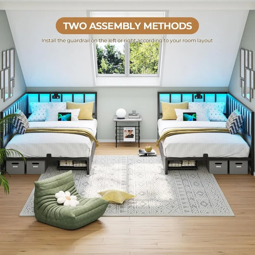 Led Bed Frame with 2 Storage Drawers and Charging Station Twin Platform Corner Bed Frame with Upholstered Guardrail Daybed - Uknowucme