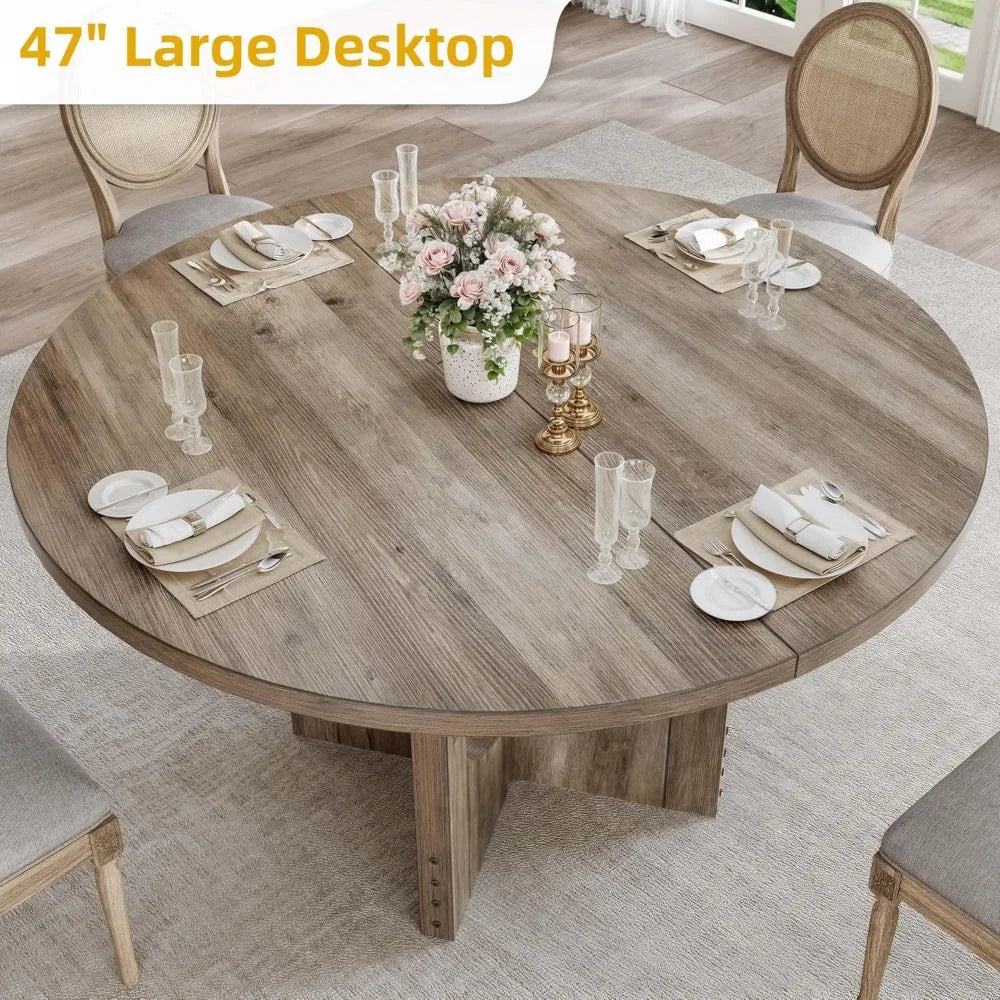 Round Dining Table for 4-6 People 47.24" Large Circle Dining Room Table Rustic Kitchen Table Round with Wooden Pedestal Base Fa - Uknowucme
