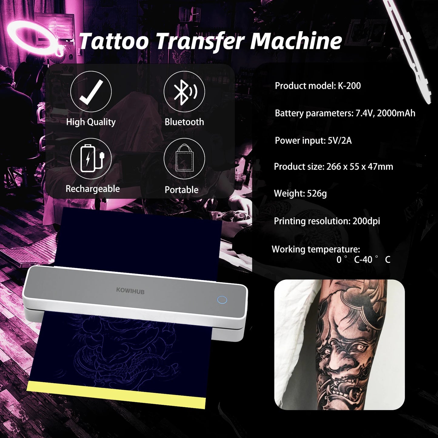 K200 Wireless Tattoo Transfer Printer Bluetooth Thermal Mobile With 10pcs Tattoo Transfer Paper Printer Portable Higher Clarity - Uknowucme