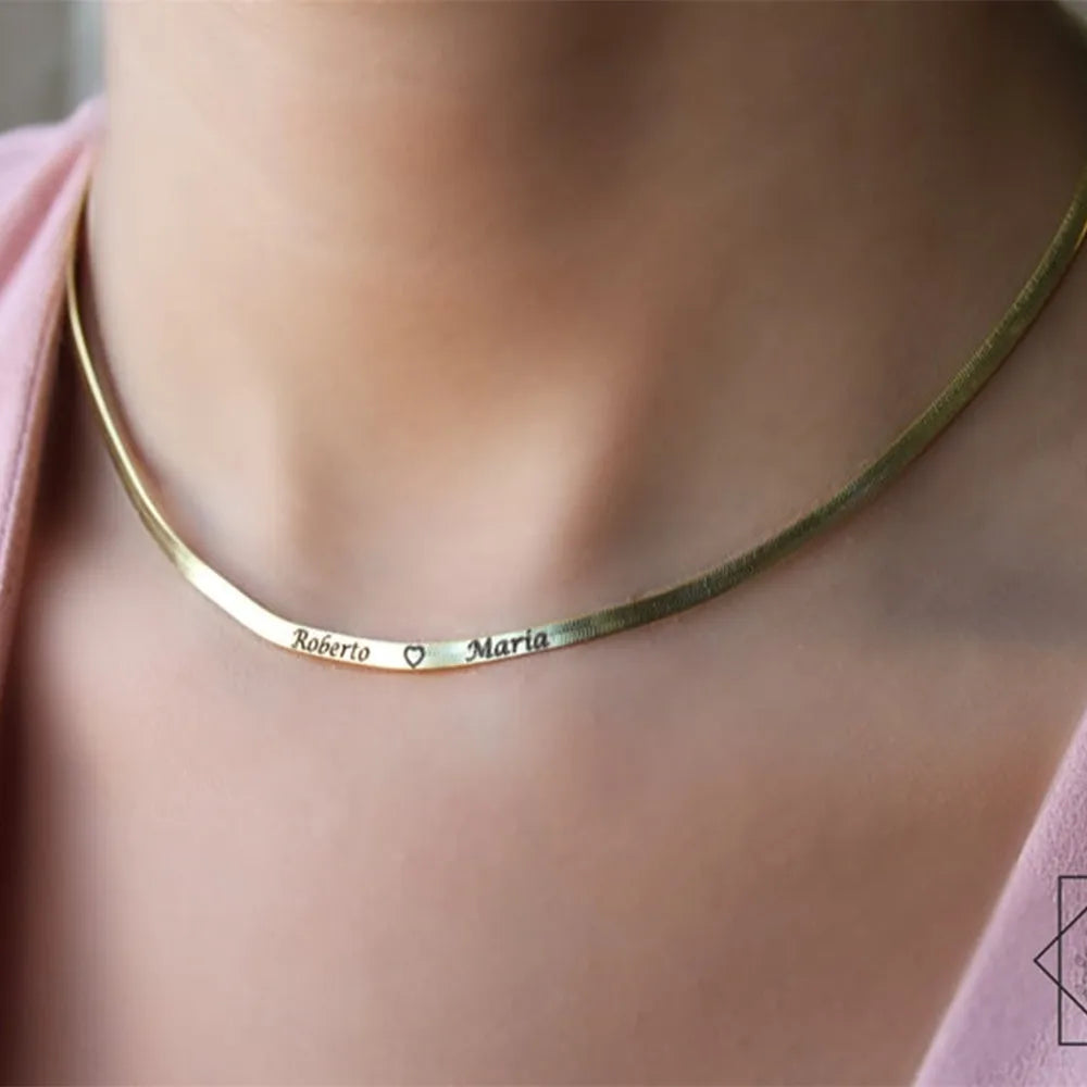 Italian Snake Chain Custom Engraved Name Necklace Herringbone Chain Letter Necklace Women Personalized Stainless Steel Jewelry - Uknowucme