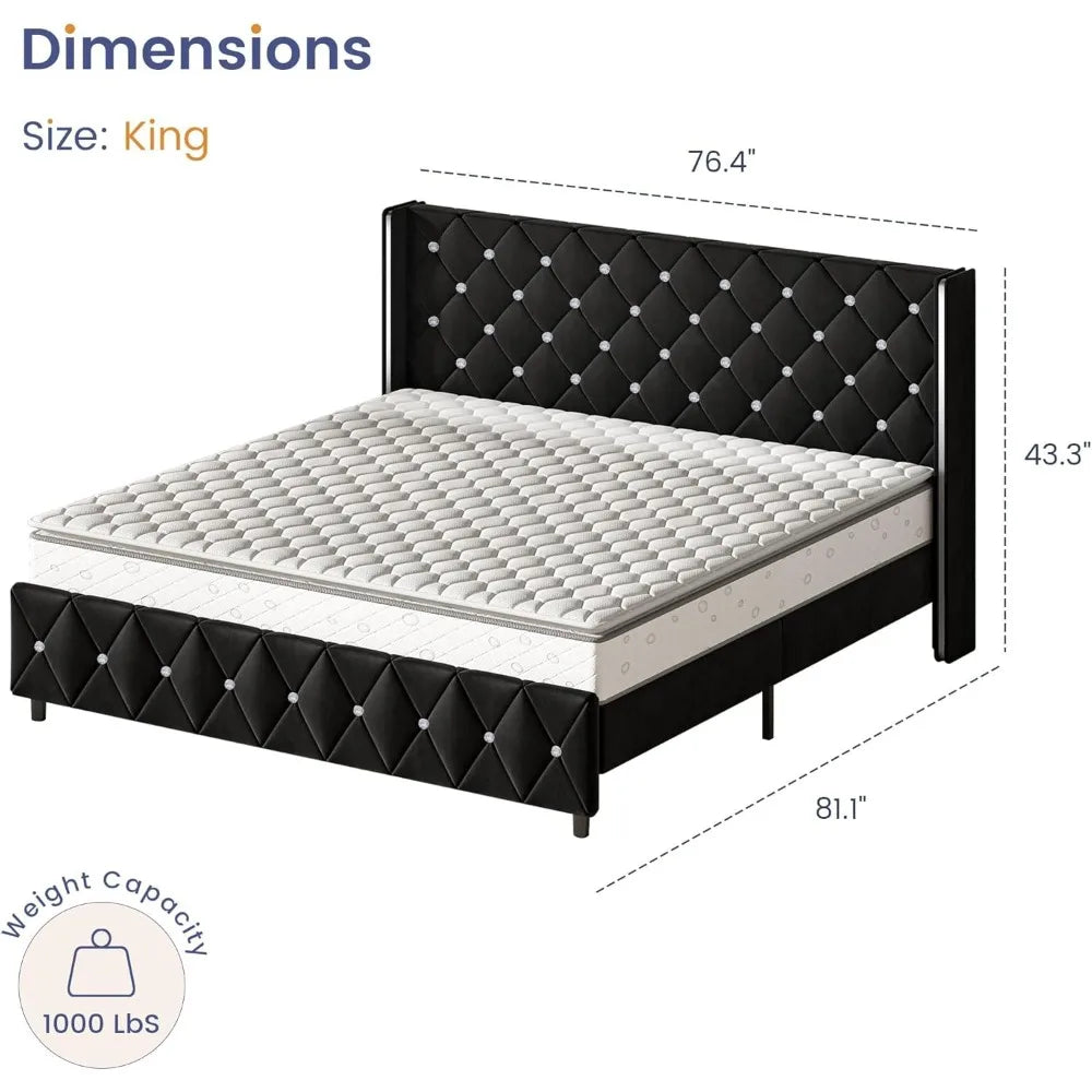King Size Bed Frame, Velvet Upholstered Platform Bed King Size with Diamond Tufted Headboard and Footboard, Wooden Slats Support - Uknowucme