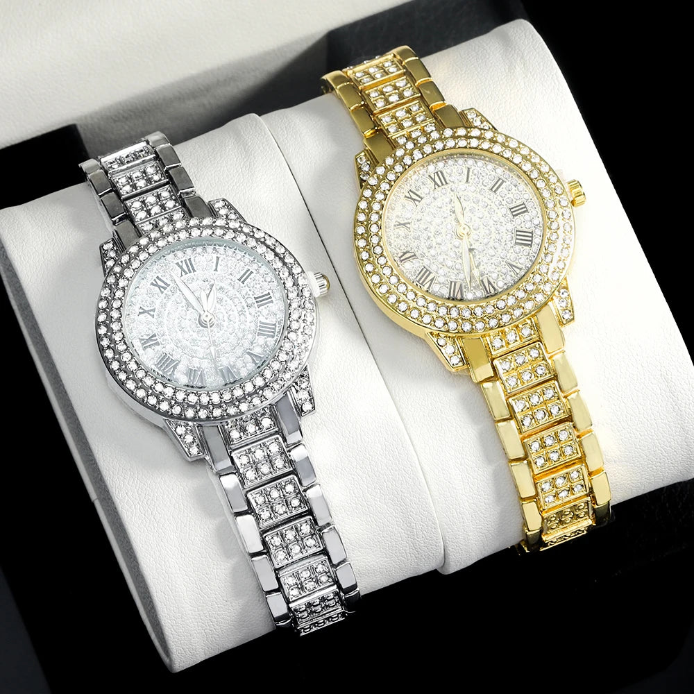 Light Luxury Stylish Women Watch Iced Out Filled With Diamonds Trend Watch Personality Accessories Jewelry Set Gift Box - Uknowucme