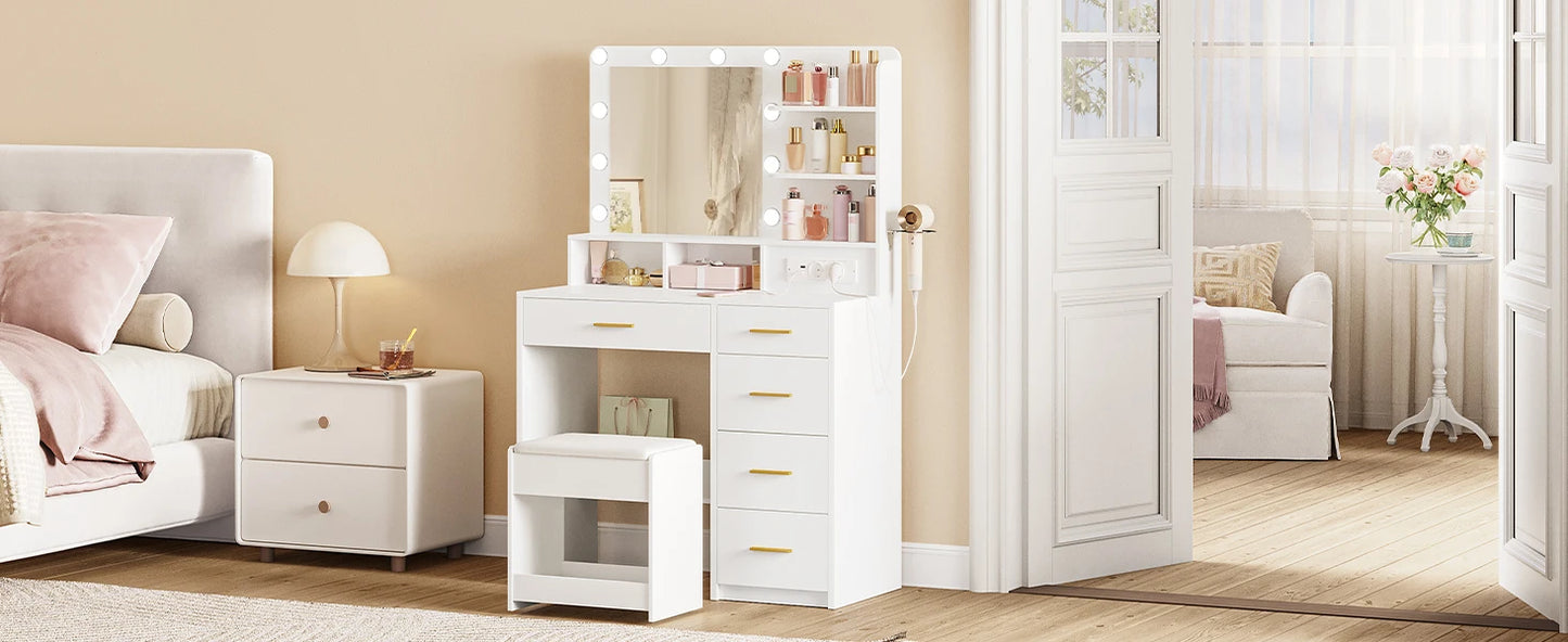Dressing Table with 10 LED Light Balls, 3 Colors, Dressing Table with Plug and Large Mirror, Stool and Hairdryer Holder, White - Uknowucme