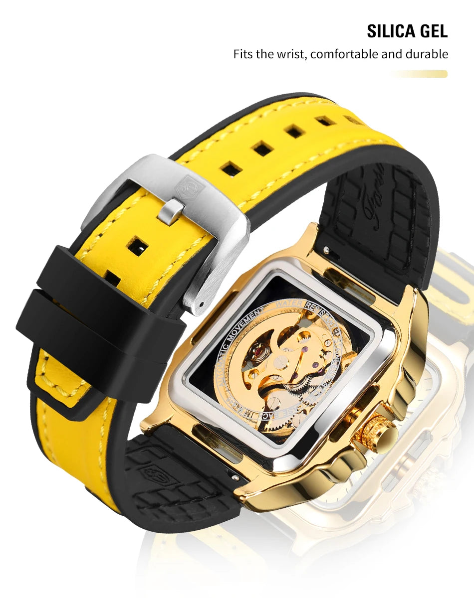FORSINING Original Square Skeleton Mechanical Man Wristwatches Automatic Movement Field Sports Waterproof Silicone Replica Watch - Uknowucme