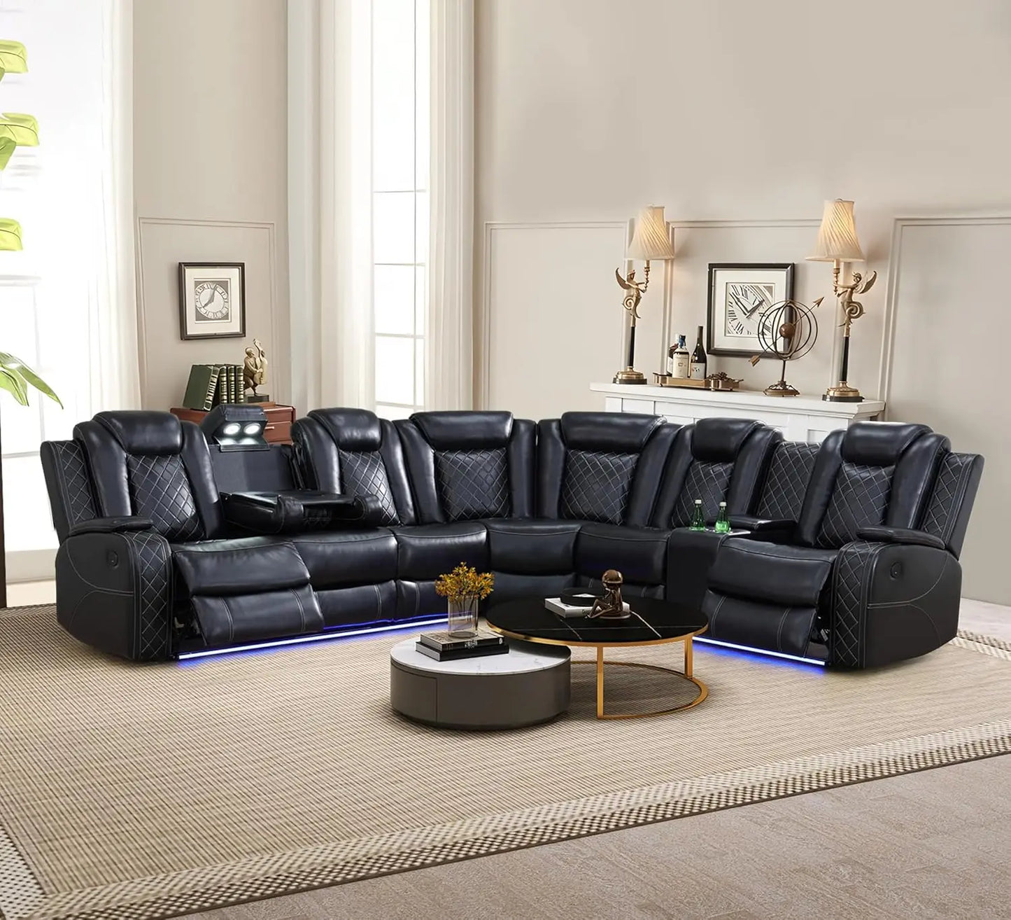 Power Recliner Sectional Sofa with LED Light, Breathing Leather Power Reclining Sofa, Sectional Reclining sofas with USB Port - Uknowucme