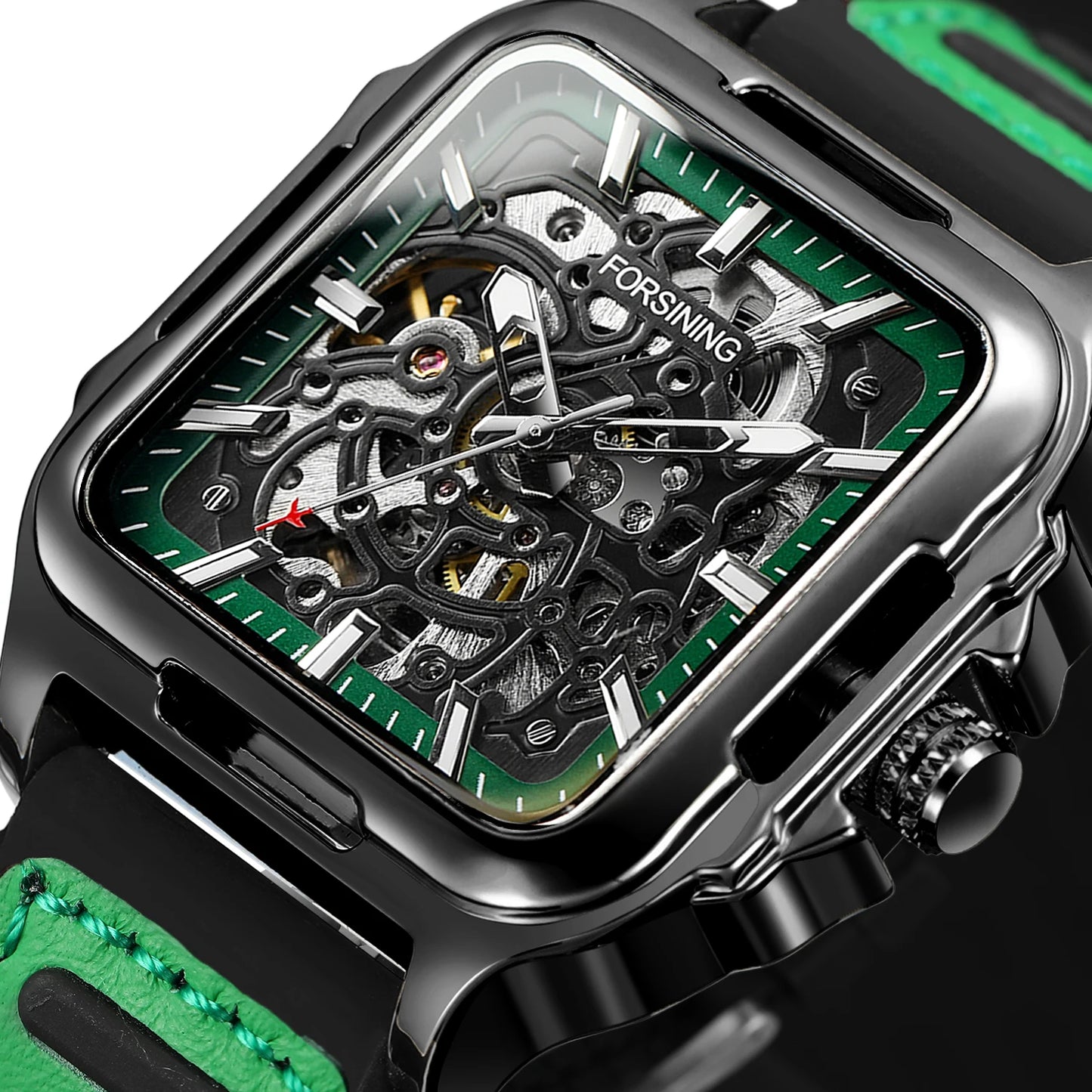 FORSINING Original Square Skeleton Mechanical Man Wristwatches Automatic Movement Field Sports Waterproof Silicone Replica Watch - Uknowucme