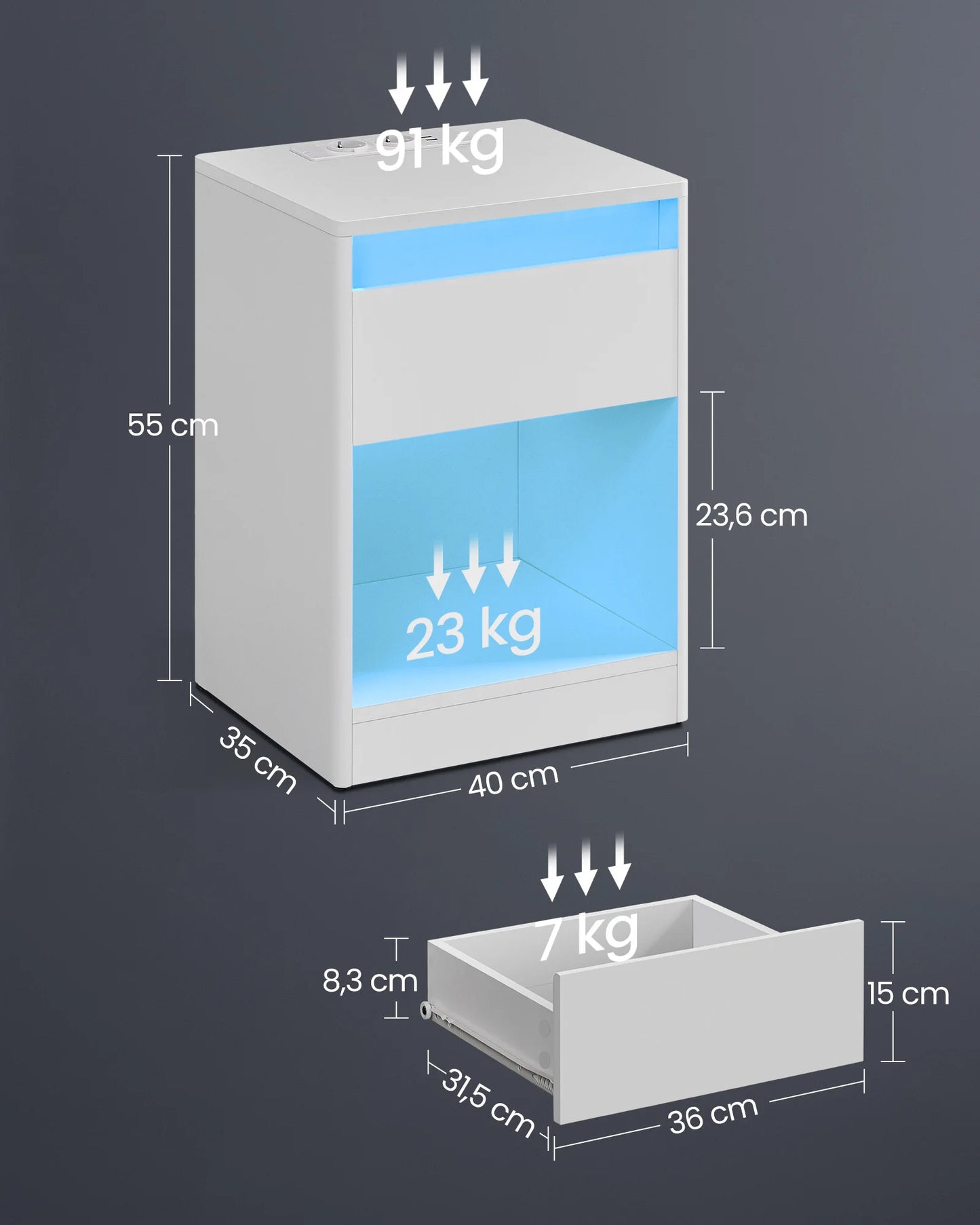 VASAGLE bedside table with adjustable LED lighting, side table table with sockets, drawer, 2 AC sockets, 2 USB ports - Uknowucme