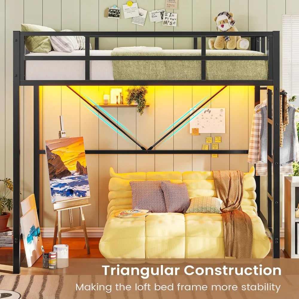Twin Loft Bed with LED Lights, Metal Loft Bed Twin Size with Full-Length Guardrail Clothes Rack, Heavy Duty Metal Loft Bed Frame - Uknowucme