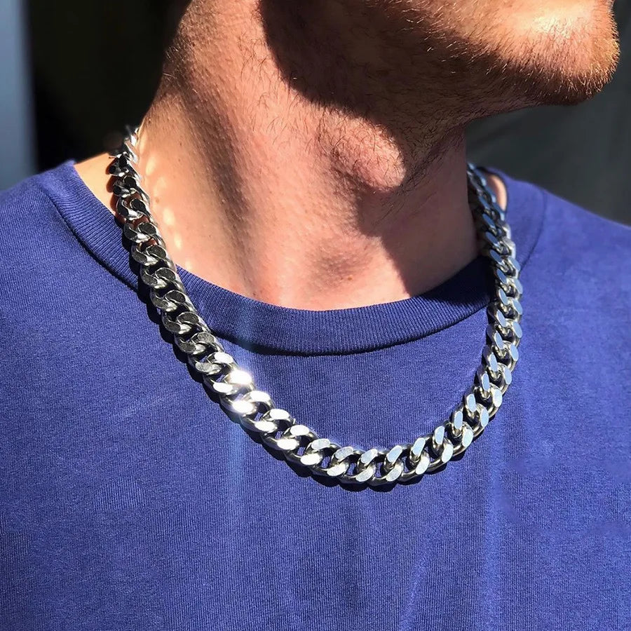 HNSP 8MM-14MM Stainless Steel Chain Cuban Necklace For Men Punk Thick Long Neck Male Jewelry Silver Color - Uknowucme