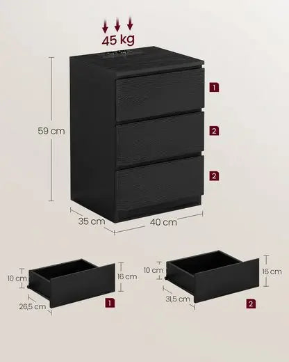 VASAGLE bedside table (1-St), 3 drawers, bevelled edge, 2 AC sockets, 2 USB ports - Uknowucme