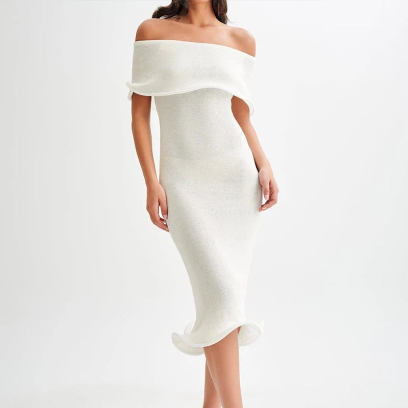 Sexy Solid Lotus Edge Midi Dress Elegant Princess One Shoulder Slim Party Dress 2024 Women Shawl Sleeve Bodycon Tube Tops Dress - Uknowucme