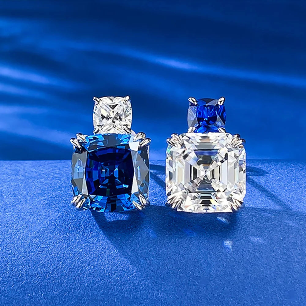 Charms 100% 925 Real Silver 10*10MM Sapphire Lab Diamond Stud Earrings for Women Gemstone Wedding Party Fine Jewelry Lady Gifts - Uknowucme
