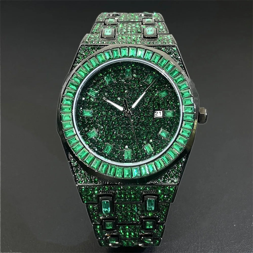 Luxury Men Watches Personalized Green Blingbling Full Diamond Quartz Watch Fashion Ice Out Male Wristwatch Best Sale For Gift - Uknowucme