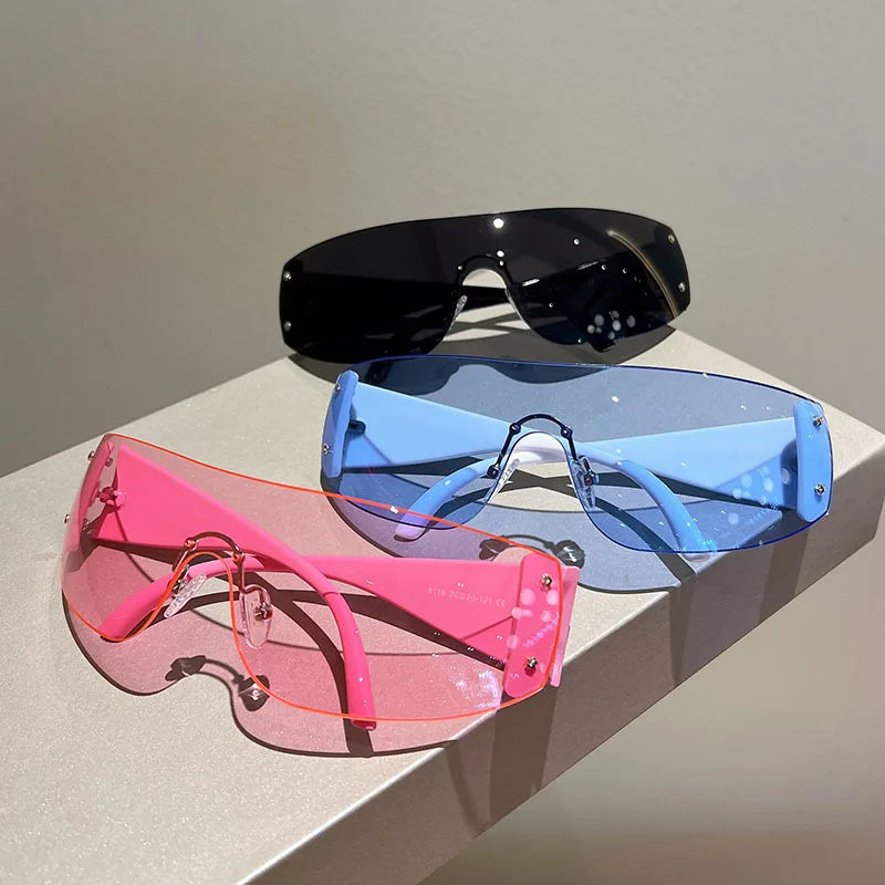 Y2K Rimless Brand Designer Sunglasses Women For Men 2023 One Piece Trending Luxury Sun Glasses Rivet Steampunk Pink Shades UV400 - Uknowucme