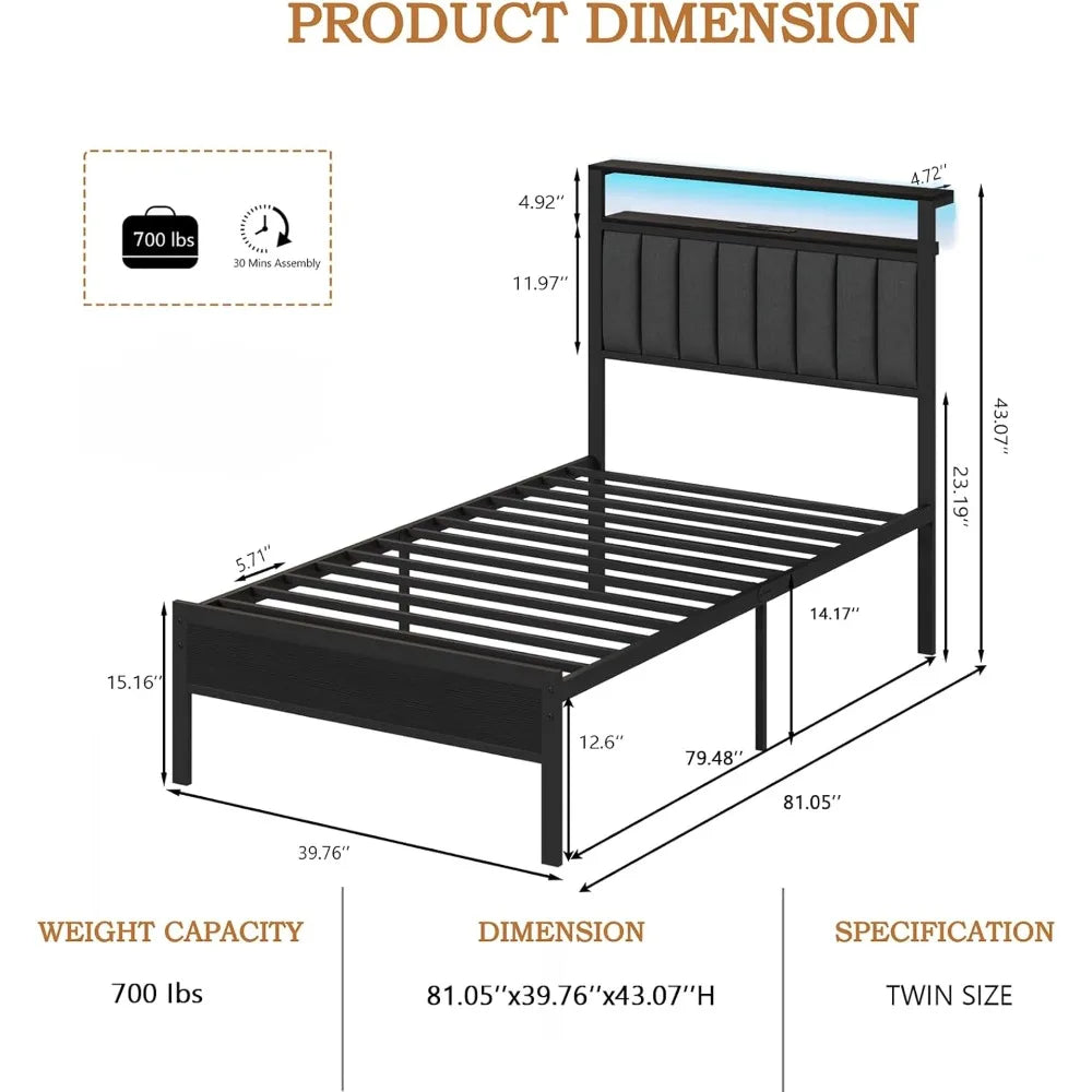 LED Queen Size Bed Frame with Charging Station&2-Tier Storage Shelves, Metal Slat&Upholstered Headboard, No Box Spring Needed - Uknowucme