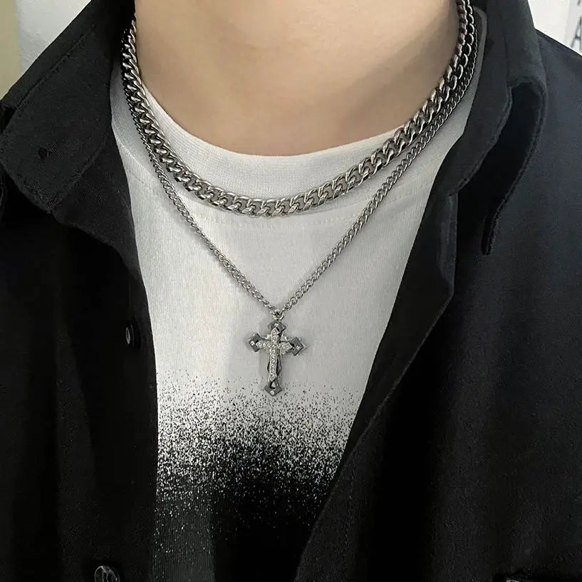 Stainless Steel Double Layer Cuban Chain Cross Pendant Necklace Men Silver Color Punk Hip hop Male Necklace Jewelry 2022 Trend - Uknowucme
