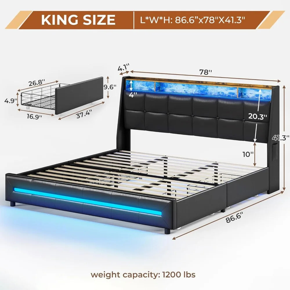 King Size Bed Frame w 4 Storage Drawers,Charging Station and LED Lights,Upholstered Bed Frame w Button Tufted Wingback Headboard - Uknowucme