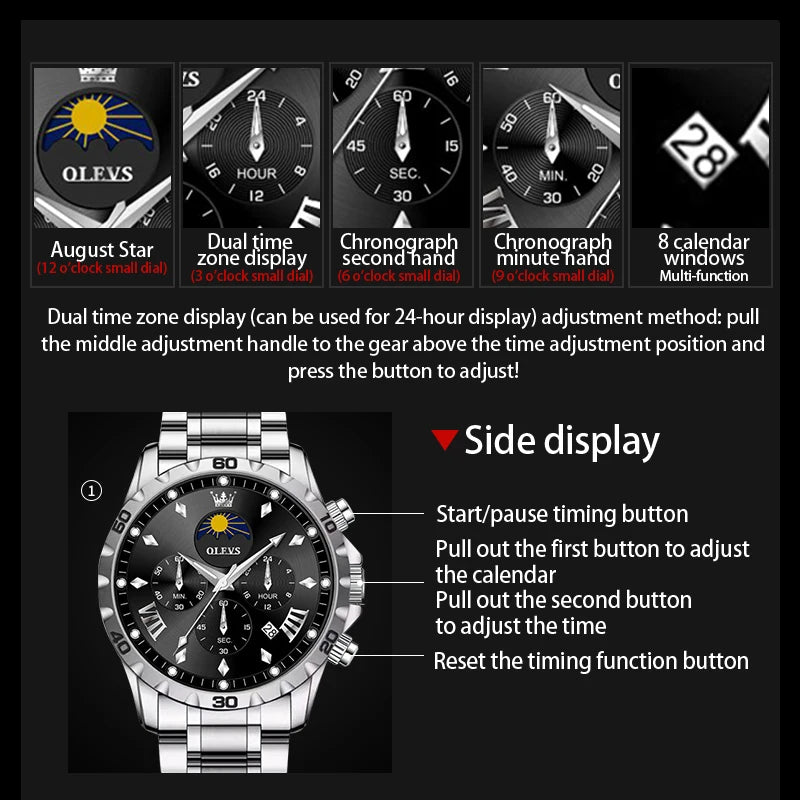 OLEVS 2949 Original Men's Watches Exclusive Design Chronograph Moon Phase Waterproof Leather strap Trend Male Wristwatches - Uknowucme