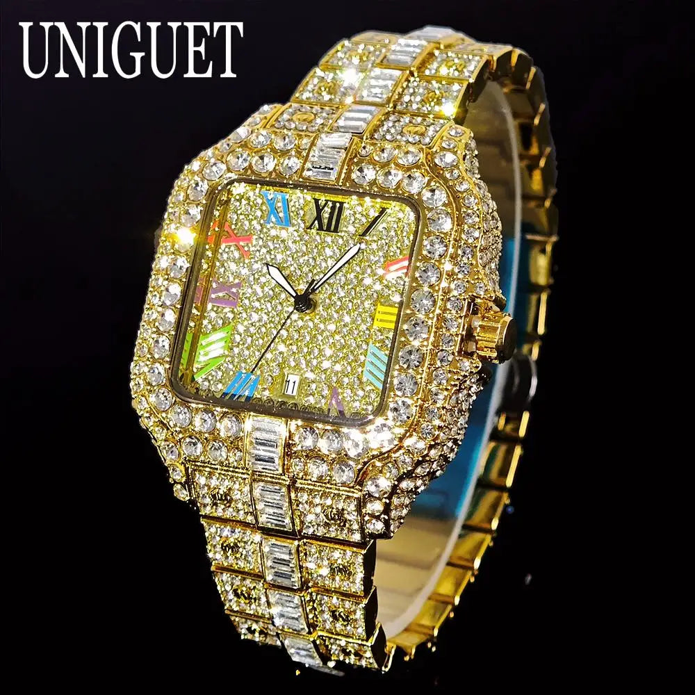 UNIGUET Luxury Iced Quartz Watch for Men Fashion Color Roman Square Watches Man Hip Hop Diamond AAA Jewelry Wristwatch Reloj Hot - Uknowucme