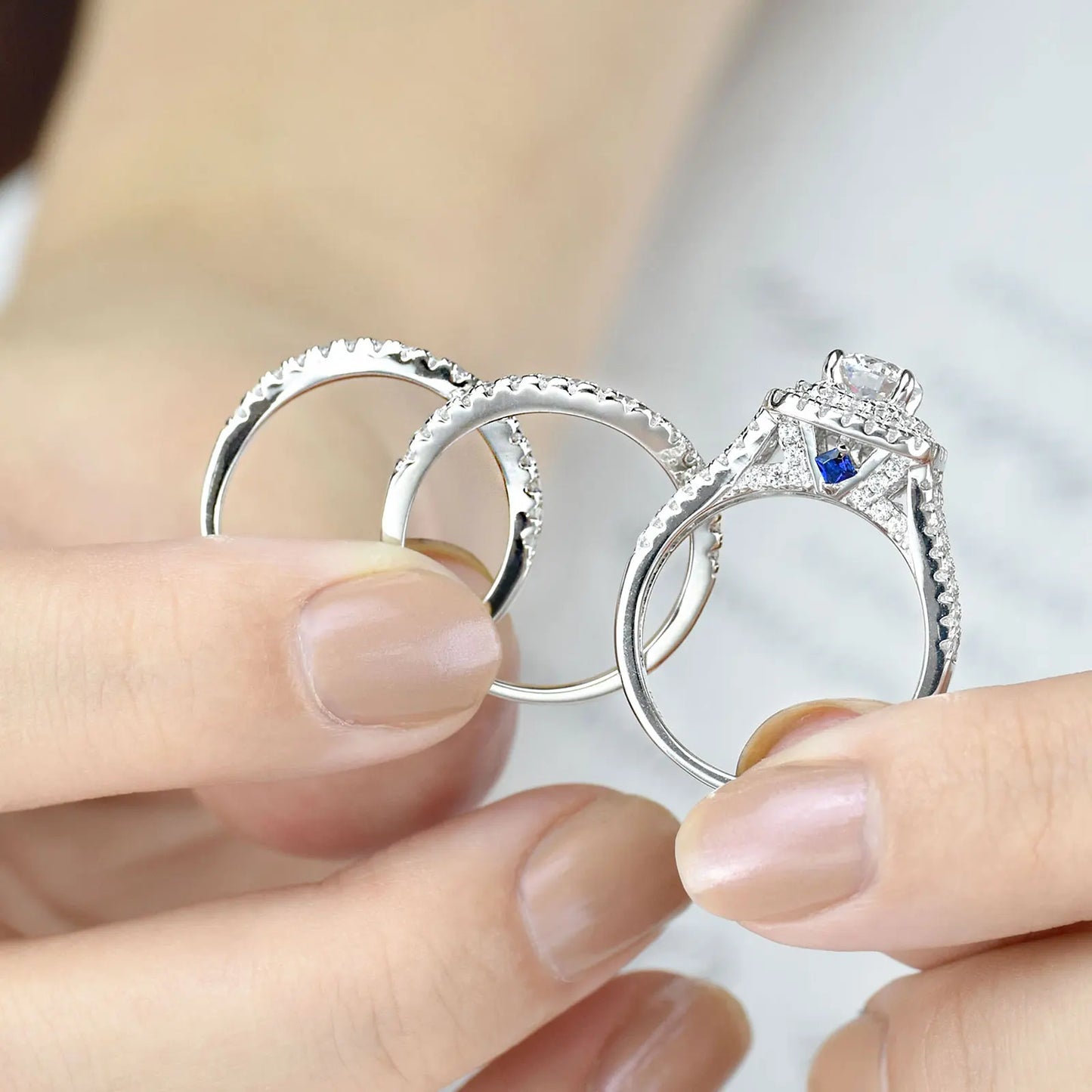 Newshe 3 Pieces 925 Sterling Silver Wedding Rings for Women AAAAA CZ Blue Side Stones Luxury Jewelry Engagement Bridal Set - Uknowucme