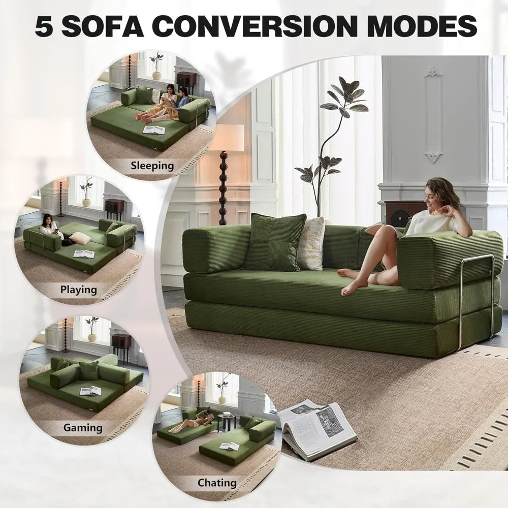 78.8”Compression Sofa - Convertible Sleeper Sofa Bed with Pillow Back Support - Corduroy Foldable Sofa Bed with Fixed-Shape