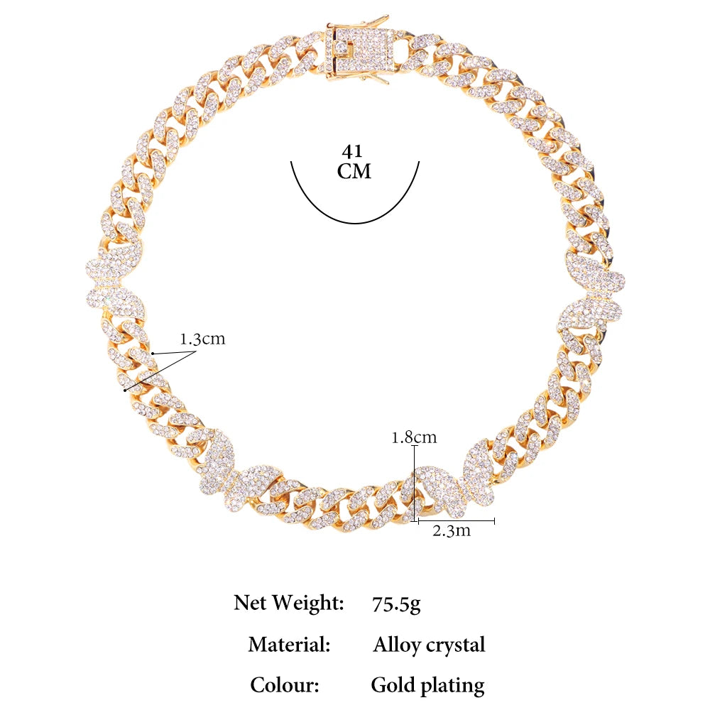 Hip Hop Iced Out Cuban Link Chain Butterfly Necklace for Women Gold Silver Color Rhinestone Paved Miami Cuban Necklaces Jewelry - Uknowucme