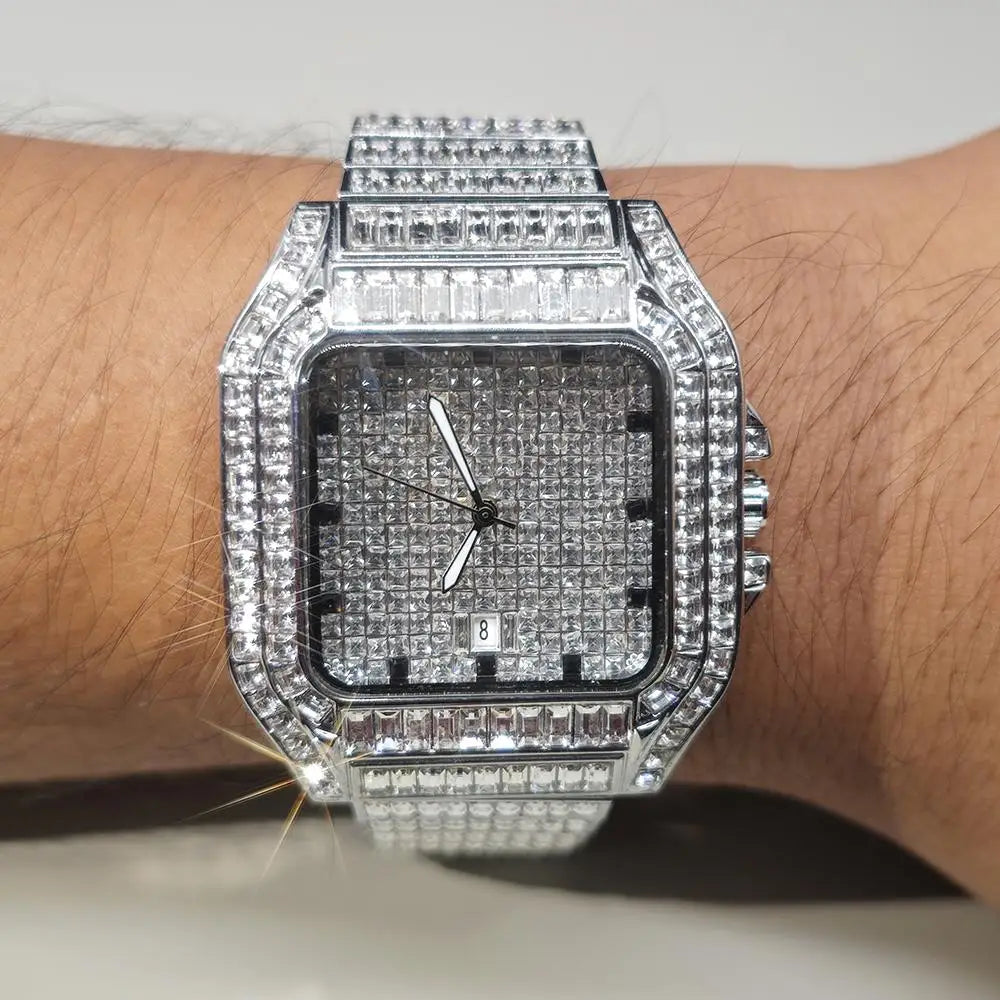 Hot Luxury Square Diamond Watch for Men Hip Hop Style Bling Bling Iced Out Wristwatch Fashion Stainless Steel Waterproof Clock - Uknowucme