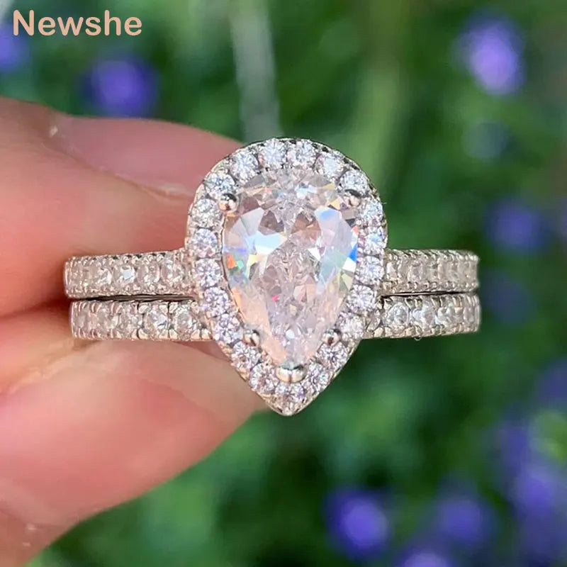 Newshe 2 Pieces Tear Drop Shape Engagement Ring Wedding Band for Women 925 Silver Bridal Jewelry High Grade Cubic Zircons - Uknowucme