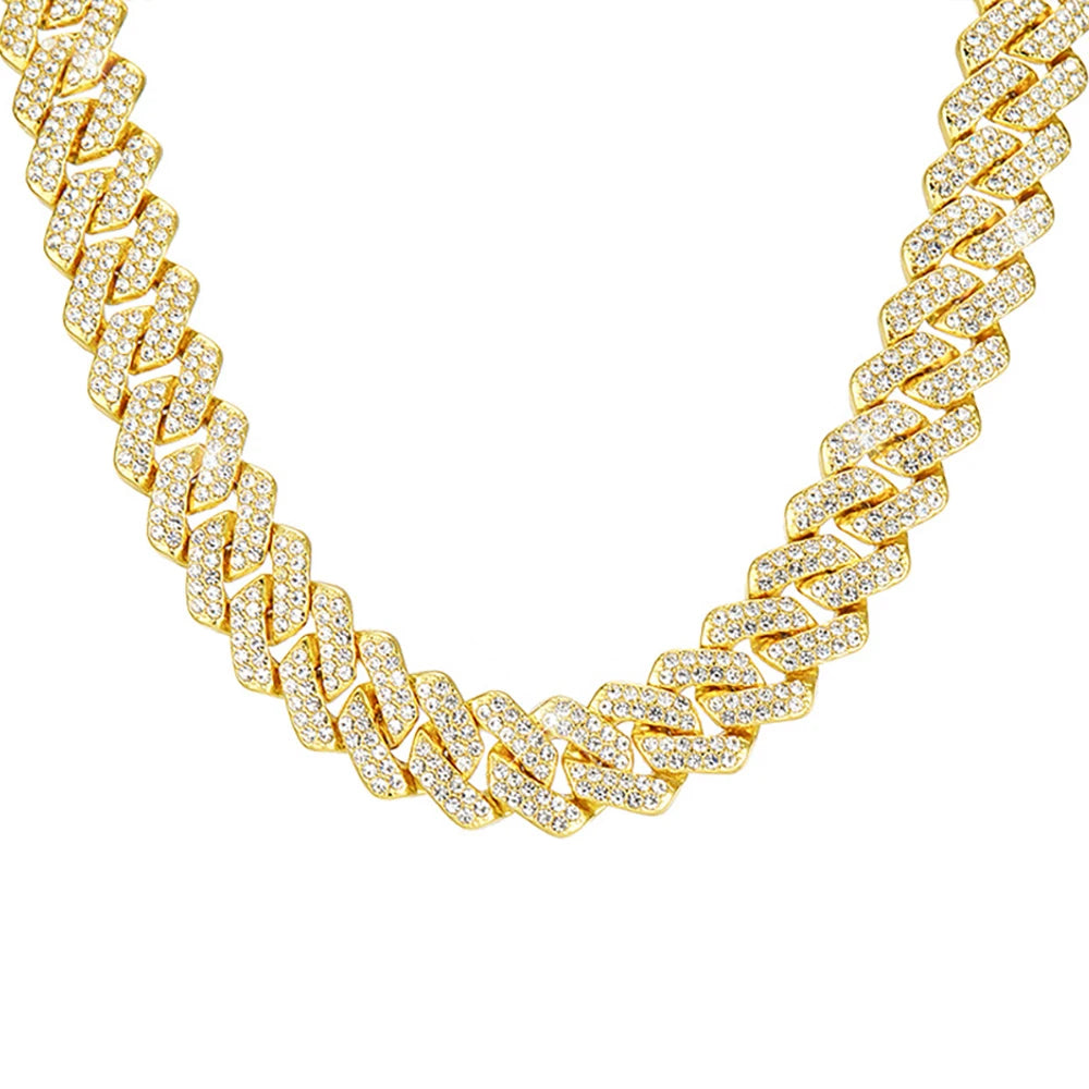Hip Hop Shiny 15MM Cuban Link Chain Necklace Women Men Silver Color Rhinestone Iced Out Cuban Chain Punk Jewelry Necklace Gift - Uknowucme