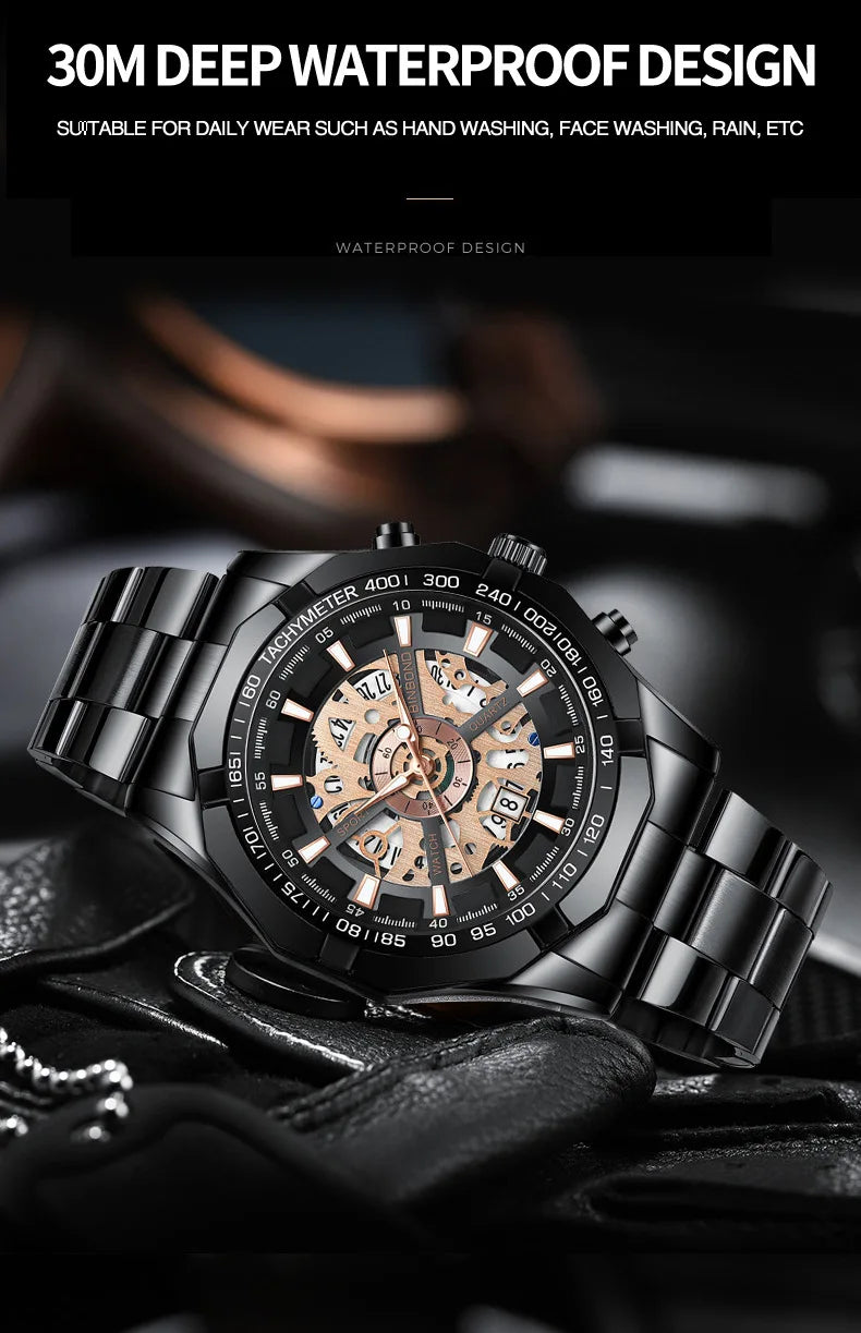 2025 Mens Quartz Watches Top Brand Luxury Stainless Steel Waterproof Hollow Out Blue Big Male Wristwatches Relogio Masculino - Uknowucme