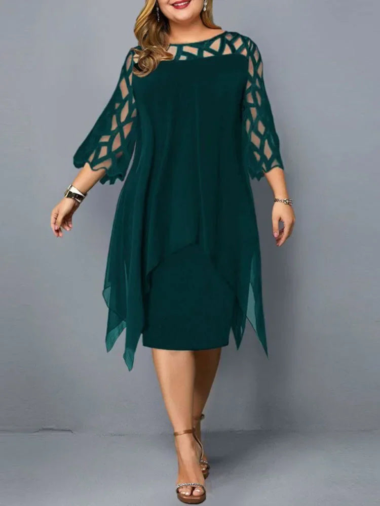 Sleeve Hollow Out Solid Sexy Women'S Clothing Evening Dresses 2023 Elegant Midi Party Dress For Chubby Women Xxl O Neck Lace - Uknowucme